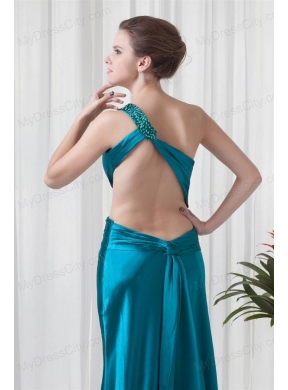 Column One Shoulder Teal Ruching Elastic Woven Satin Prom Dress with Criss Cross