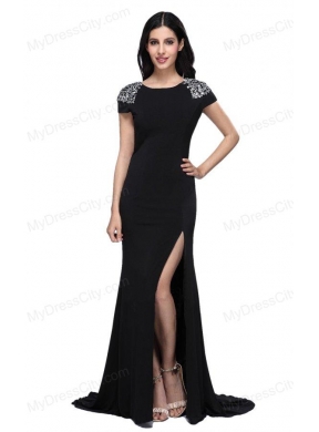 Column Scoop Cap Sleeves High Slit Brush Train Beading Prom Dress