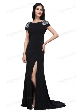 Column Scoop Cap Sleeves High Slit Brush Train Beading Prom Dress