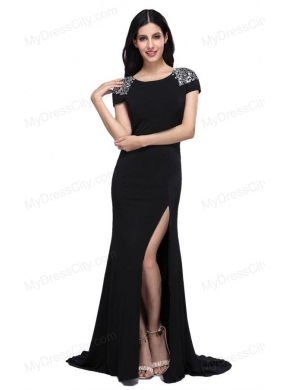 Column Scoop Cap Sleeves High Slit Brush Train Beading Prom Dress