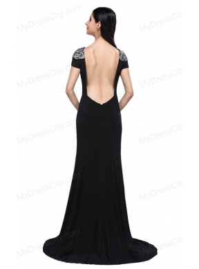 Column Scoop Cap Sleeves High Slit Brush Train Beading Prom Dress