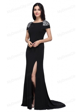 Column Scoop Cap Sleeves High Slit Brush Train Beading Prom Dress