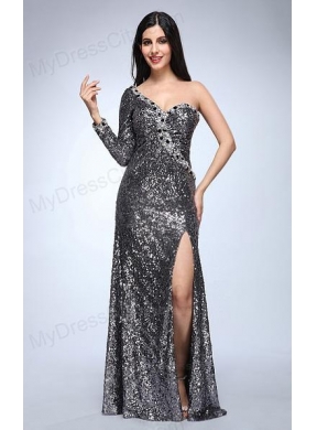 Column Silver One Shoulder Long Sleeves Strapless High Slit Sequins Prom Dress