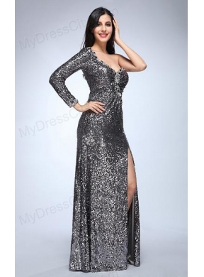 Column Silver One Shoulder Long Sleeves Strapless High Slit Sequins Prom Dress