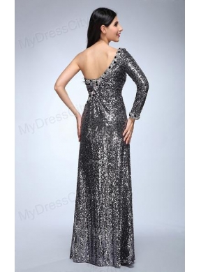 Column Silver One Shoulder Long Sleeves Strapless High Slit Sequins Prom Dress