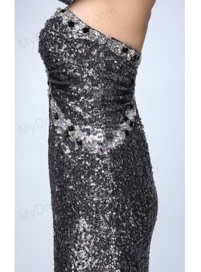 Column Silver One Shoulder Long Sleeves Strapless High Slit Sequins Prom Dress