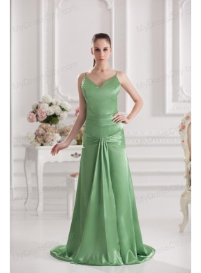 Column Spaghetti Straps Floor-length Ruching Taffeta Green Prom Stress