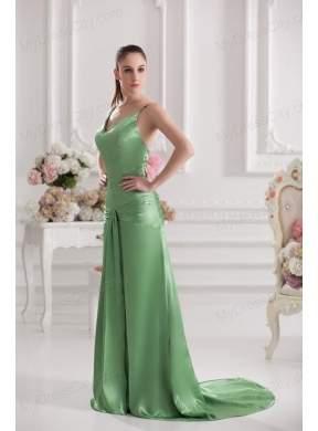 Column Spaghetti Straps Floor-length Ruching Taffeta Green Prom Stress