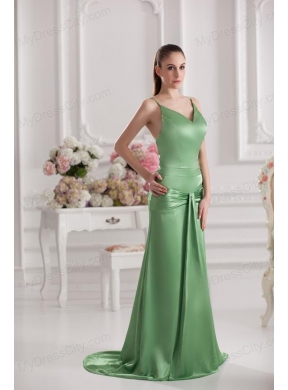 Column Spaghetti Straps Floor-length Ruching Taffeta Green Prom Stress