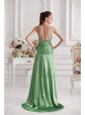 Column Spaghetti Straps Floor-length Ruching Taffeta Green Prom Stress