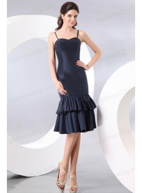 Column Spaghetti Straps Taffeta Navy Blue Prom Dress