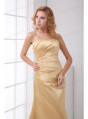 Column Strapless Floor-length Champagne Ruching Prom Dress