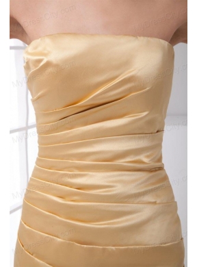 Column Strapless Floor-length Champagne Ruching Prom Dress