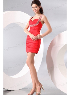 Column Straps Beading and Ruching Short Red Prom Dress