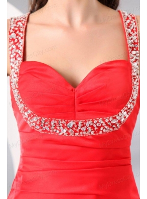 Column Straps Beading and Ruching Short Red Prom Dress