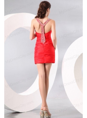 Column Straps Beading and Ruching Short Red Prom Dress