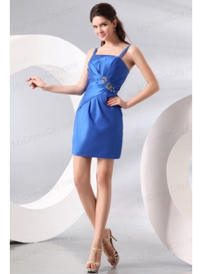 Column Straps Blue Ruching and Beading Short Prom Dress 