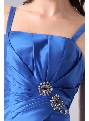 Column Straps Blue Ruching and Beading Short Prom Dress 