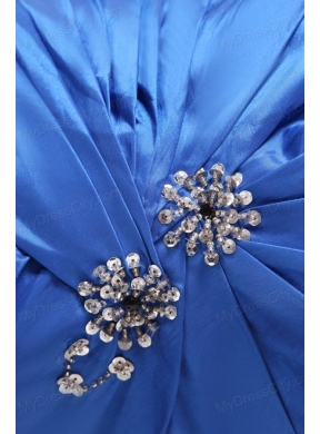 Column Straps Blue Ruching and Beading Short Prom Dress 