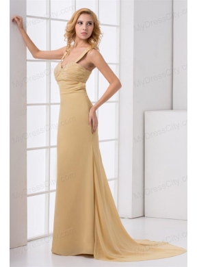 Column Straps Ruching Champagne Chiffon Brush Train Criss Cross Prom Dress