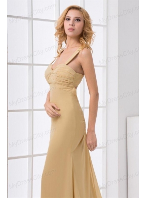 Column Straps Ruching Champagne Chiffon Brush Train Criss Cross Prom Dress