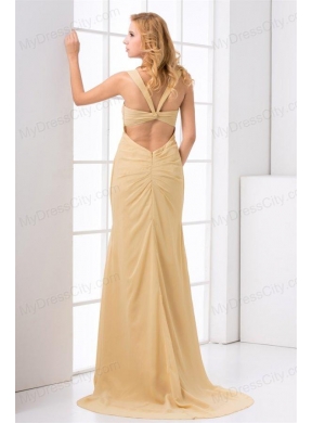 Column Straps Ruching Champagne Chiffon Brush Train Criss Cross Prom Dress