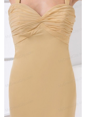 Column Straps Ruching Champagne Chiffon Brush Train Criss Cross Prom Dress