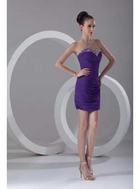 Column Sweetheart Mini-length Purple Chiffon Prom Dress with Beading