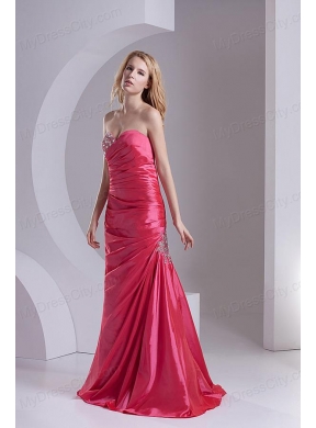 Column Sweetheart Taffeta Beading Ruching Coral Red Prom Dress