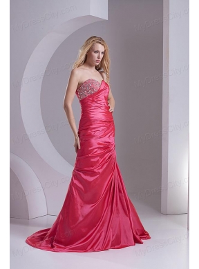 Column Sweetheart Taffeta Beading Ruching Coral Red Prom Dress