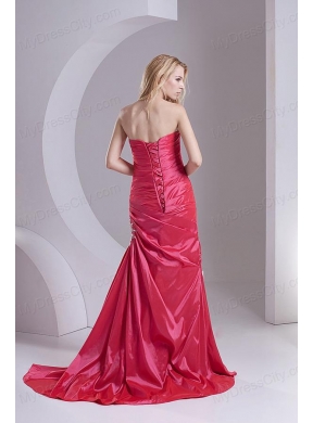 Column Sweetheart Taffeta Beading Ruching Coral Red Prom Dress