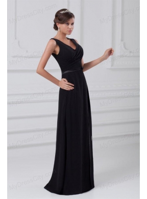 Column V-neck Black Floor-length Ruching Chiffon Zipper Up Prom Dress