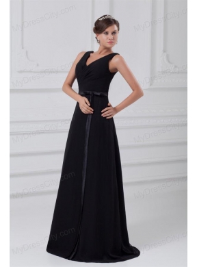 Column V-neck Black Floor-length Ruching Chiffon Zipper Up Prom Dress