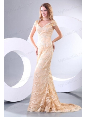 Column V neck Short Sleeves Brush Train Champagne Appliques Prom Dress