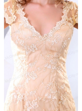 Column V neck Short Sleeves Brush Train Champagne Appliques Prom Dress