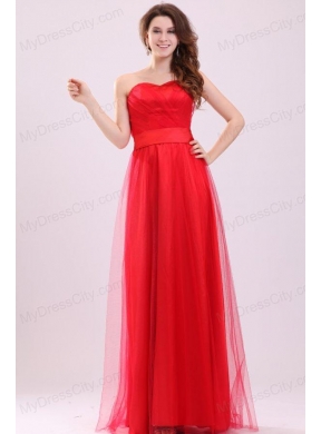 Cute Empire Sweetheart Red Floor-length Tulle Prom Dress with Ruching