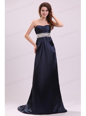 Elegant Empire Strapless Navy Blue Elastic Woven Satin Beading Prom Dress with Brush Train