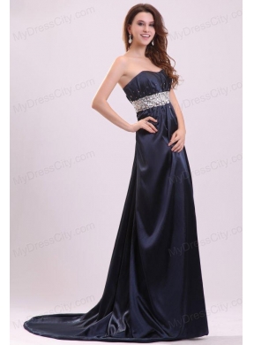 Elegant Empire Strapless Navy Blue Elastic Woven Satin Beading Prom Dress with Brush Train