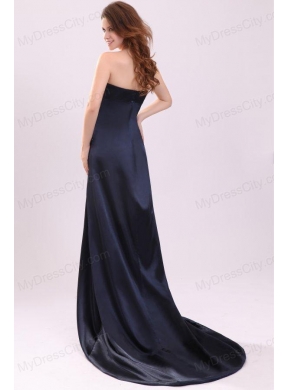 Elegant Empire Strapless Navy Blue Elastic Woven Satin Beading Prom Dress with Brush Train