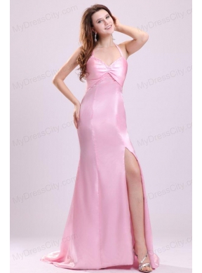 Elegant Pink Column Halter Brush Train Criss Cross Elastic Woven Satin Prom Dress with Beading