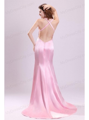 Elegant Pink Column Halter Brush Train Criss Cross Elastic Woven Satin Prom Dress with Beading