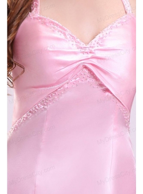 Elegant Pink Column Halter Brush Train Criss Cross Elastic Woven Satin Prom Dress with Beading