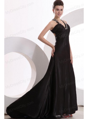 Empire Black V-neck Beading and High Silt Prom Dress with Brush Train