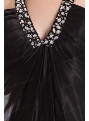 Empire Black V-neck Beading and High Silt Prom Dress with Brush Train