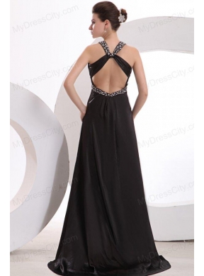 Empire Black V-neck Beading and High Silt Prom Dress with Brush Train