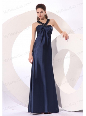 Empire Halter Navy Blue Beading Long Elastic Woven Satin Prom Dress