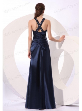 Empire Halter Navy Blue Beading Long Elastic Woven Satin Prom Dress