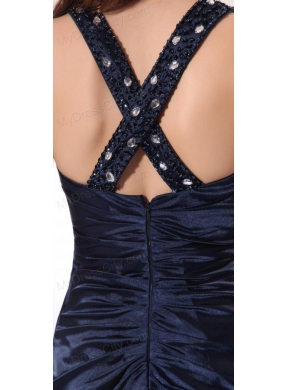 Empire Halter Navy Blue Beading Long Elastic Woven Satin Prom Dress