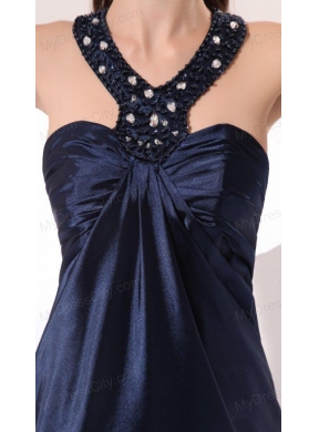 Empire Halter Navy Blue Beading Long Elastic Woven Satin Prom Dress