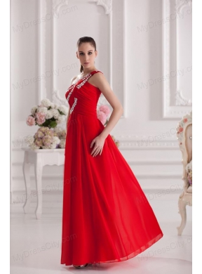 Empire One Shoulder Floor-length Beading Red Prom Dress